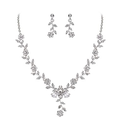 BriLove Women's Wedding Jewelry Leaf Cluster Flower Crystal Dangle Earrings Pendant Necklace Set for Bridal Clear Silver-Tone