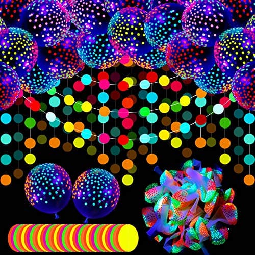 Sumind 50 Pcs Neon Balloons Glow in the Dark Supplies for Party 12 Inch Blacklight Polka Dots Latex Balloons and 157 Inch Neon Paper Circle Dots Hanging Garland Fresh Style Transparent