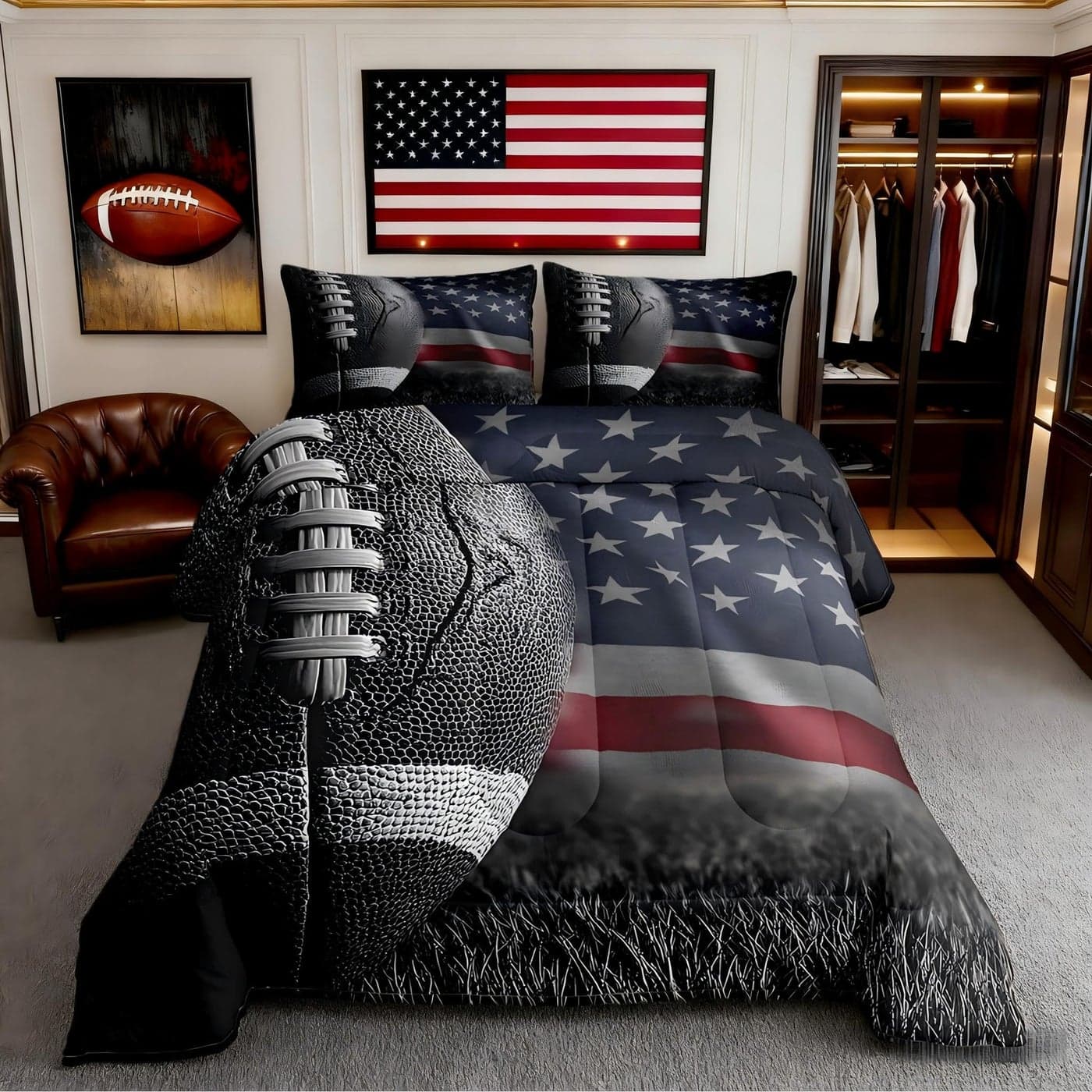 Castle Fairy American Flag Print Comforter Set for Boys Girls Kids Teens3Pieces American Football Print Bedding Comforter Full Size3D Sports Game Printed Quilt Set with 2 Pillowcases