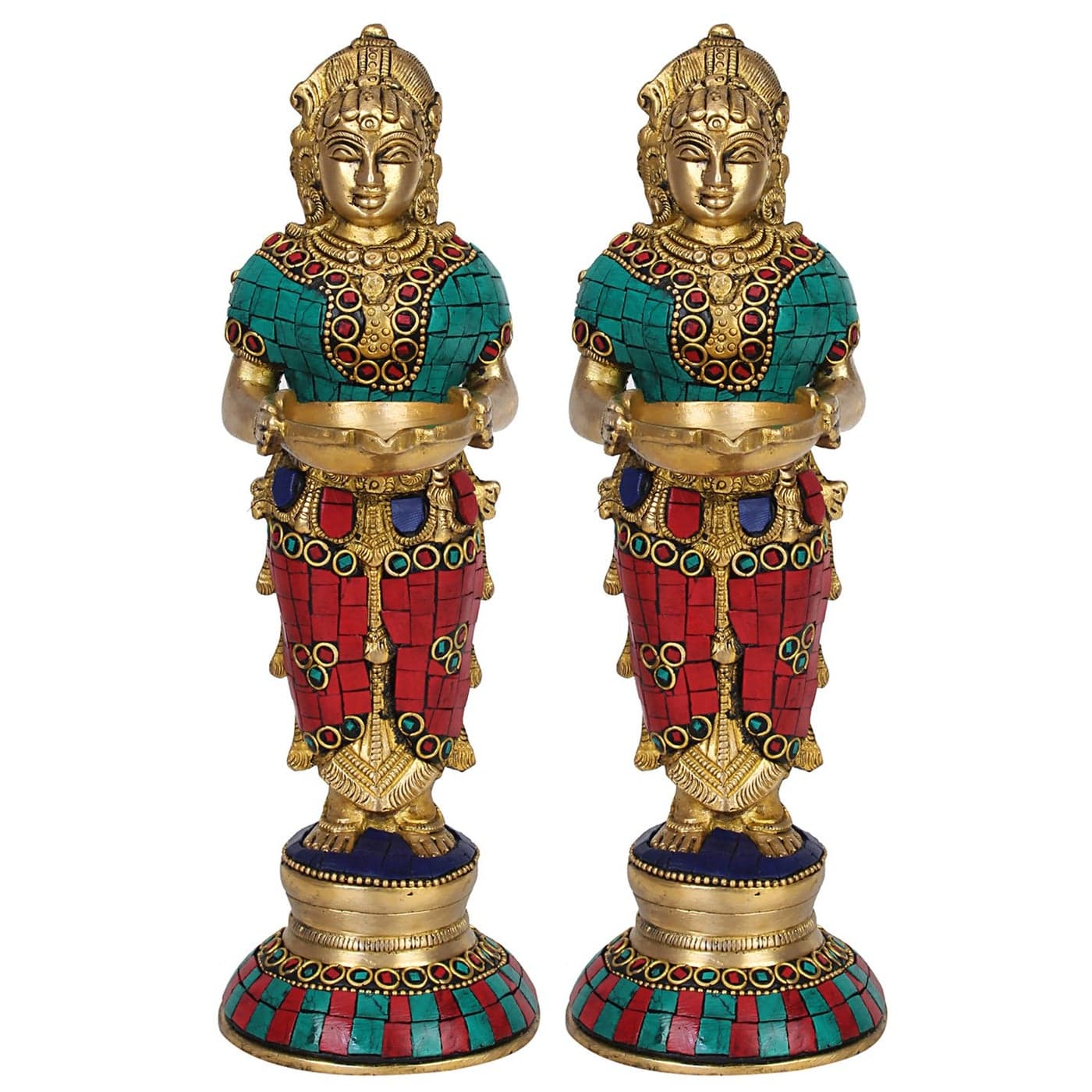 ARTVARKO Brass Laxmi Vilakku Diya Welcome Lady Deepluxmi Pair2 Pcs Puja Decorations Indian Diwali Oil Lamp Pooja Light Mandir Home Backdrop Decor Lamps Decorative Wicks Diyas 9 Inch