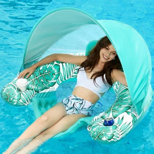 Jasonwell Pool Float with Canopy Inflatable Pool Floaties Adult Floating Pool Chair Lounge Floats for Swimming Pool Water Chair Pool Lounger with Cup Holders Pool Toy Party Floaty for Adult