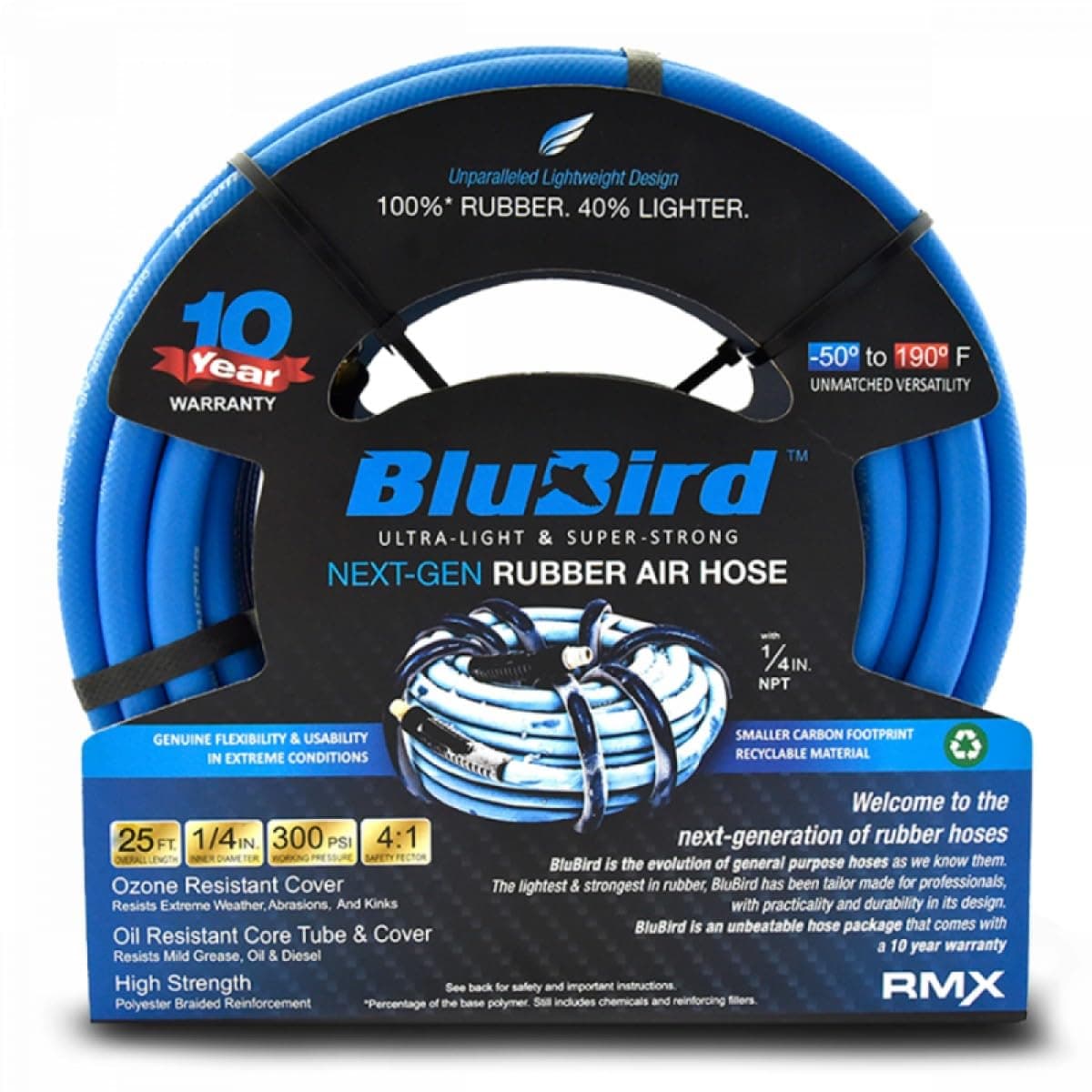 BLUBIRD BB1425 14 x 25 Rubber Air Hose 100 Rubber Lightest Strongest Most Flexible 300 PSI 50F to 190F Degrees Ozone Resistant High Strength Polyester Braided