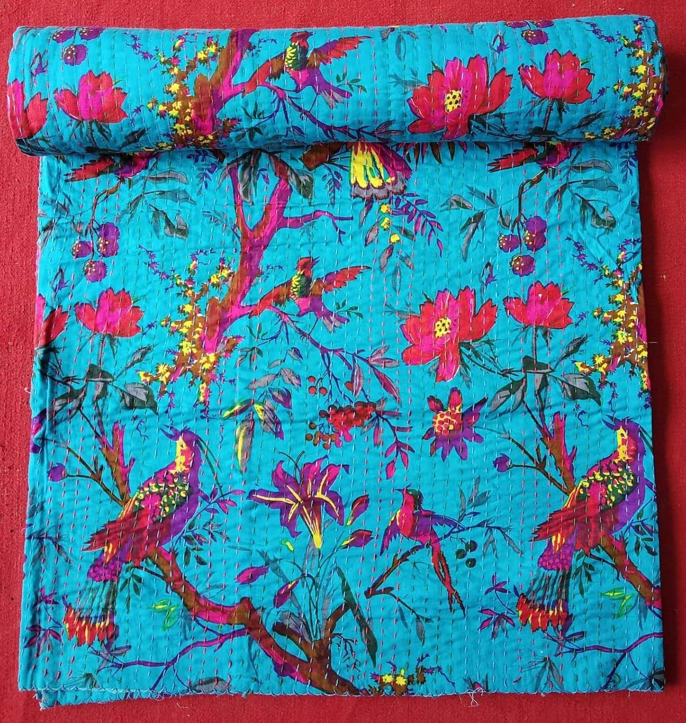 Kirti Textile and Handicraft Cotton Kantha Quilt Queen Size Bed Cover Handmade Bedspread Blanket Throw Size 90x108 Inch