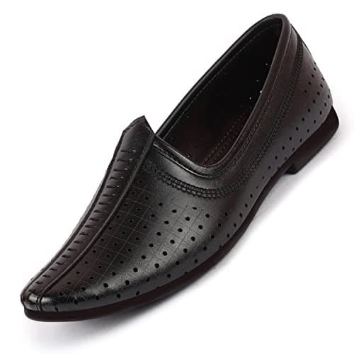 FAUSTO Men's Laser Cut Stitched Ethnic Party Slip On Juttis and Mojaris (Black, Numeric_6)