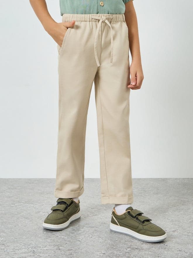 Boys Beige Cotton Drawstring Pants