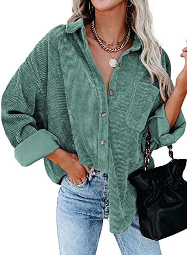 Dokotoo Teacher Outfits for Women Early Fall Fashion V Neck Roll Up Long Sleeve Pocket Corduroy Shirts Fall Clothes Outfits for Teachers Casual Boyfriend Button Down Petite Blouses M Green
