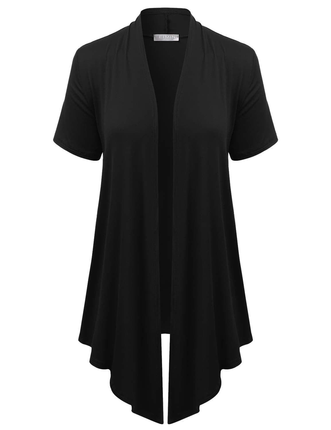 EIMIN Women's Basic Solid Short Sleeve Open Drape Front Jersey Cardigan Black 2XL