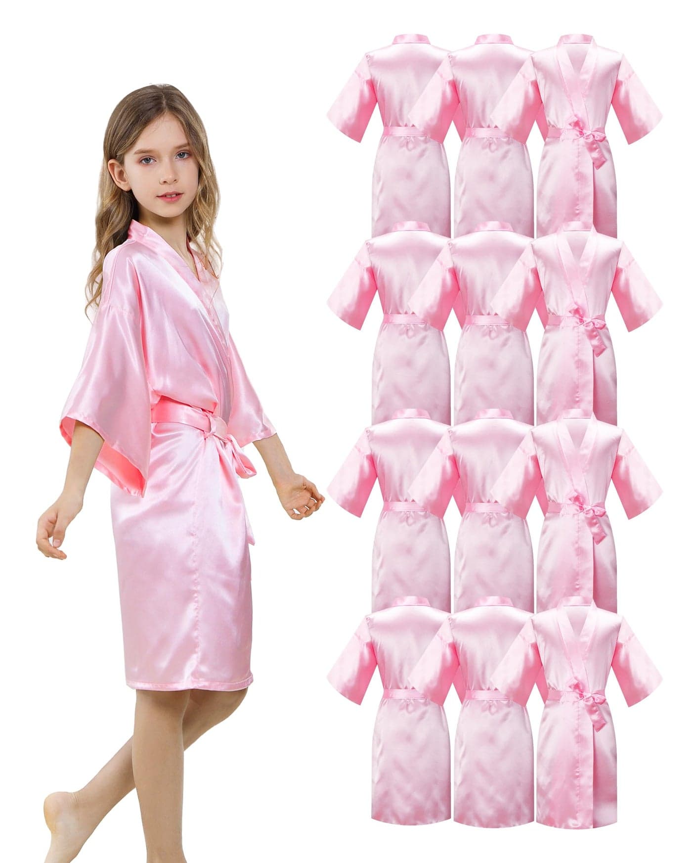 ALHAVONE 12 Pieces Girls Kids Silky Satin Solid Color Short Kimono Robes for Wedding Birthday Party Spa Pink Set of 12 12