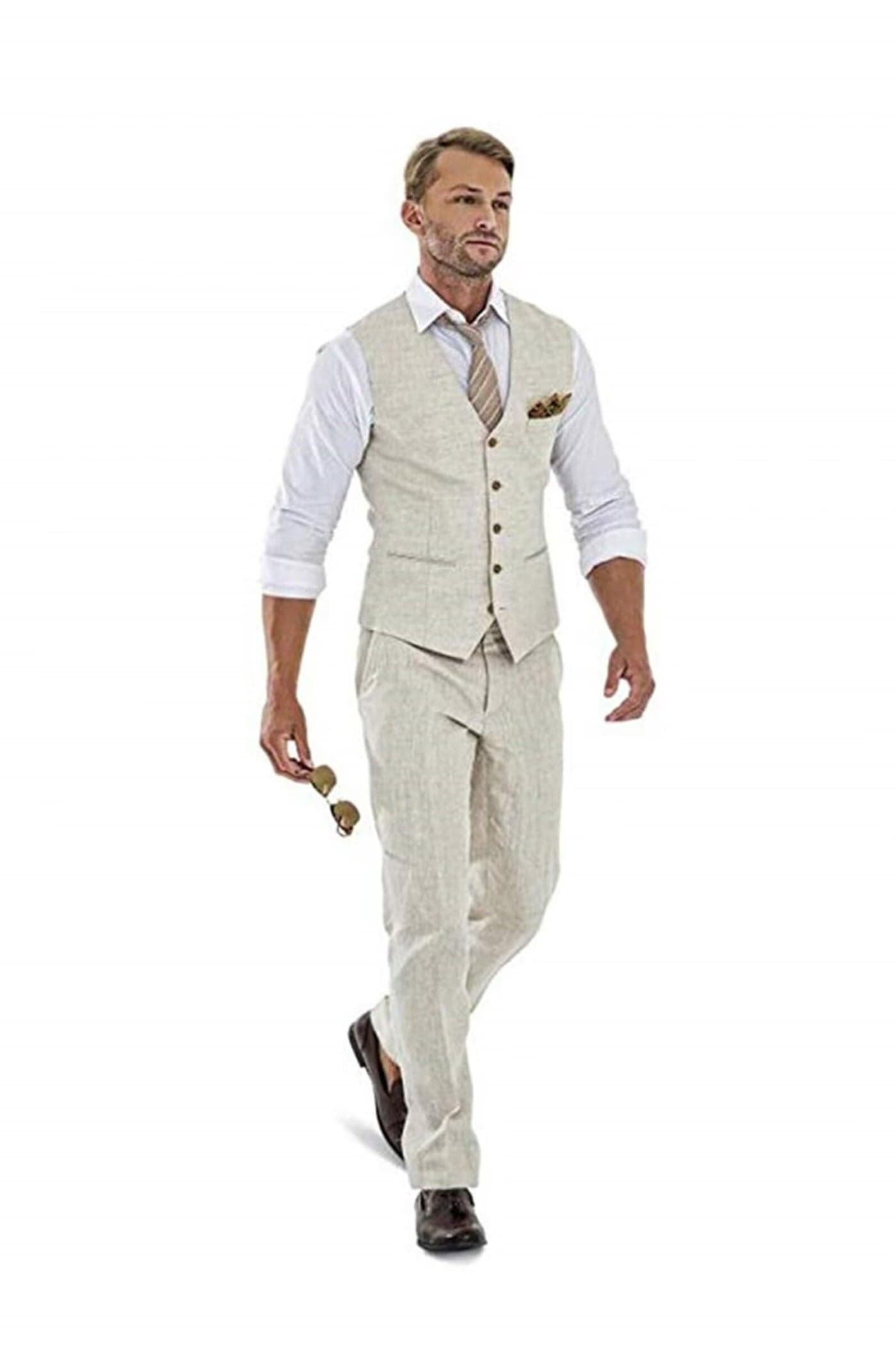 High-End Suits Casual Linen Beige Men's 2 Piece Suits Wedding Suits Slim Fit Groomsmen Tuxedos Prom Blazer Custom Summer Linen Vest+Pant be-S/3832