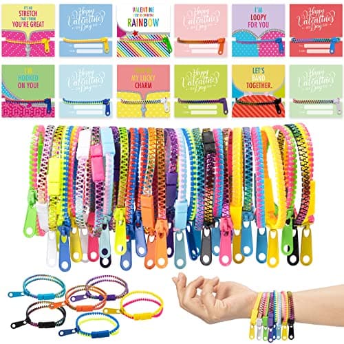OuMuaMua Valentines Gift for Kids Classroom 30 Pack Valentines Exchange Cards with Zipper Bracelets for School Class Exchange Gifts Toddlers Girls Boys Valentines Gifts