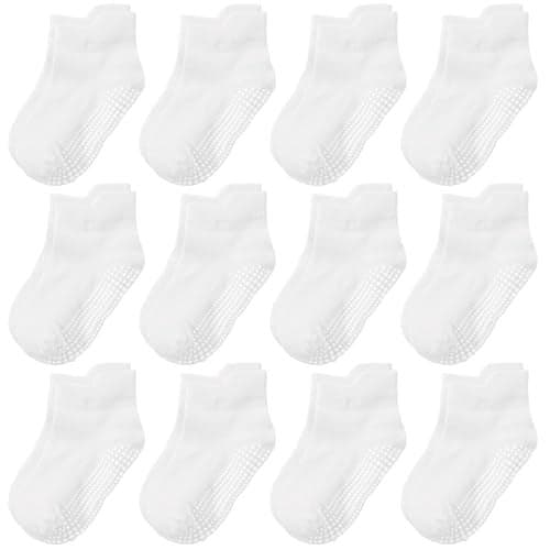 Tphon Non Slip Toddler Socks 12 Pairs Kids Grip Sock for Boys Girls Baby Ankle Socks with Gripper for 5-7 Year Children