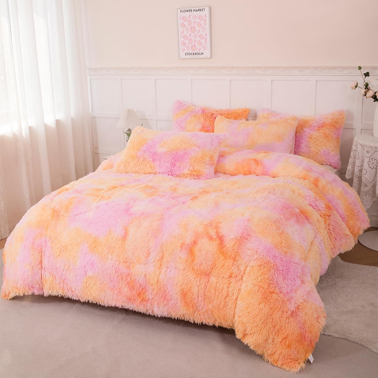 PERFEMET Fluffy Bedding Set Twin Size 3 Pieces Orange Pink Faux Fur Shaggy Comforter for Girls Teen Ultra Soft Cozy Velvet Fuzzy Furry Bed SetOrange Pink Twin
