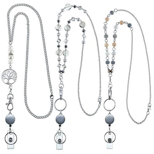 3 Pcs ID Badge Lanyard Necklace with ID Holder Clip Stainless Steel Beaded Chain Retractable Badge Reel Valentine (Chic Style)