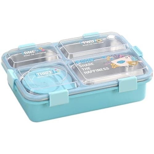 ATTRO Alpha 4 Kids Lunch Box with 4 Compartment Inner Steel, 1 Small Container, Spoon & Chopstick Leakproof Heating & Water Insulation- 850ml+150ml Blue