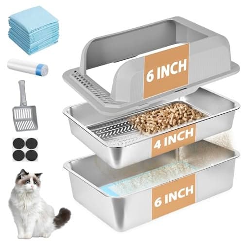 Homegroove Stainless Steel Sifting Litter Box for Pine Pellets, 23.6''Lx15.7''Wx12''H Cat Litter Box with Lid for Indoor Cats Metal Pellet Sifter Litter Pan with Plastic Scoop &10 Urine Pads (6 Inch)