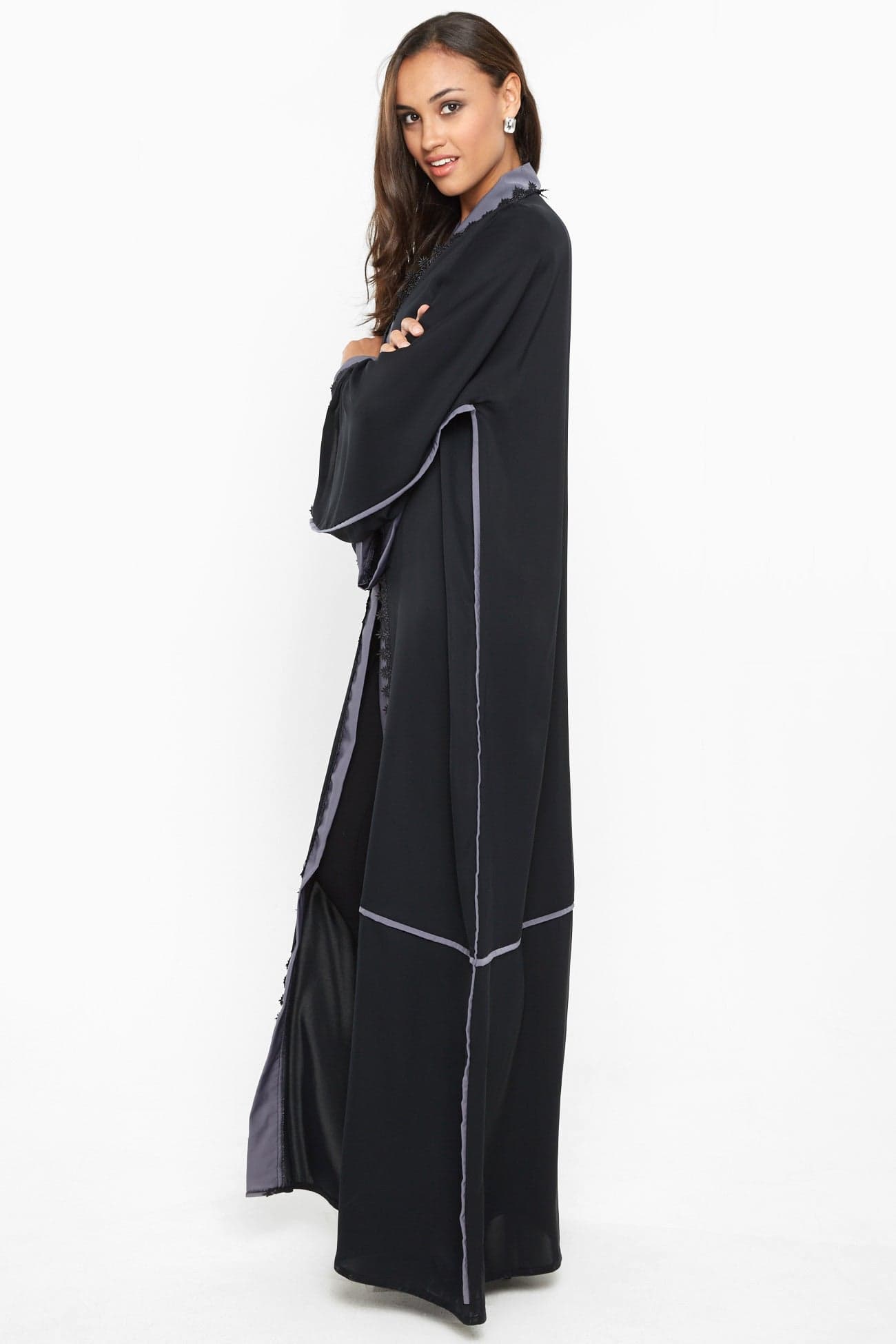 A gorgeous abaya with grey satin stripe detail by the sleeves and closure .-AJ594A