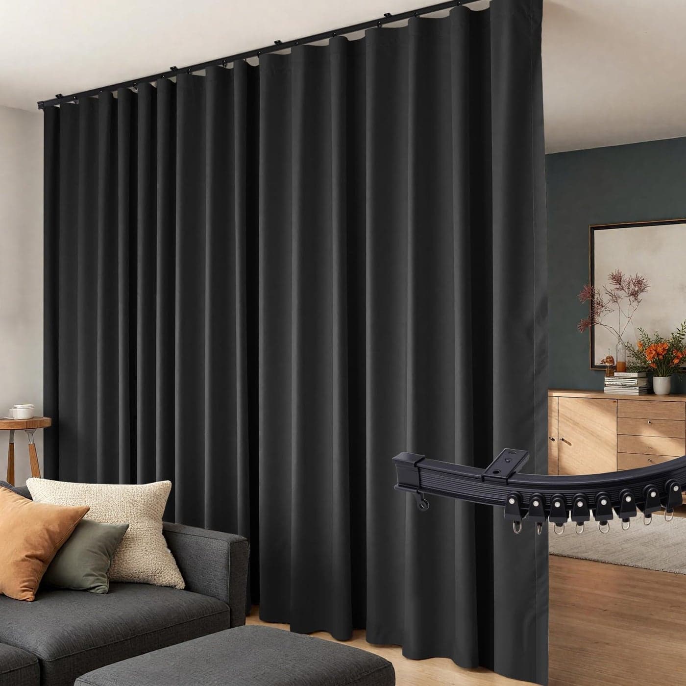 Room Divider Curtains Flexible Ceiling Tracks Set Curtain Track Ceiling Mount Blackout Curtain for Living Room Bedroom Ceiling Curtain Rod Privacy Dividers Panels W100 x H96 Black Drape Black Rail
