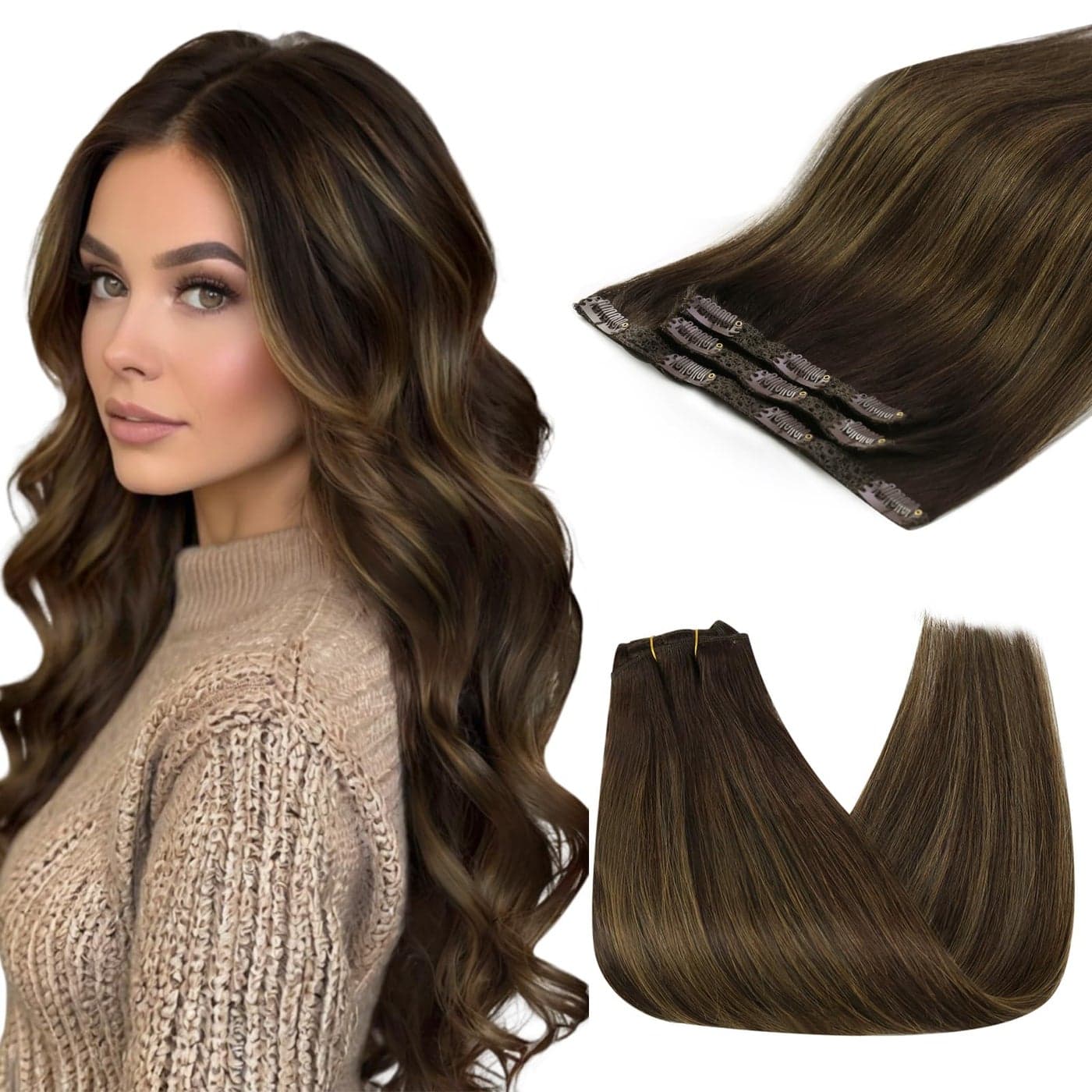 Sunny Hair Clip in Hair Extensions Straight Human Hair Clip in Extensions Remy Clip in Hair Extensions Real Human Hair Extensions Clip ins Dark Brown Balayage Color 262 22inch