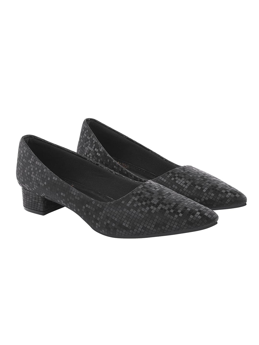 Shoetopia Women's Black Low Block Heel Pumps – Elegant Pointed Toe Slip-On Dress in Textured Finish – Comfortable Office & Formal Footwear EU38