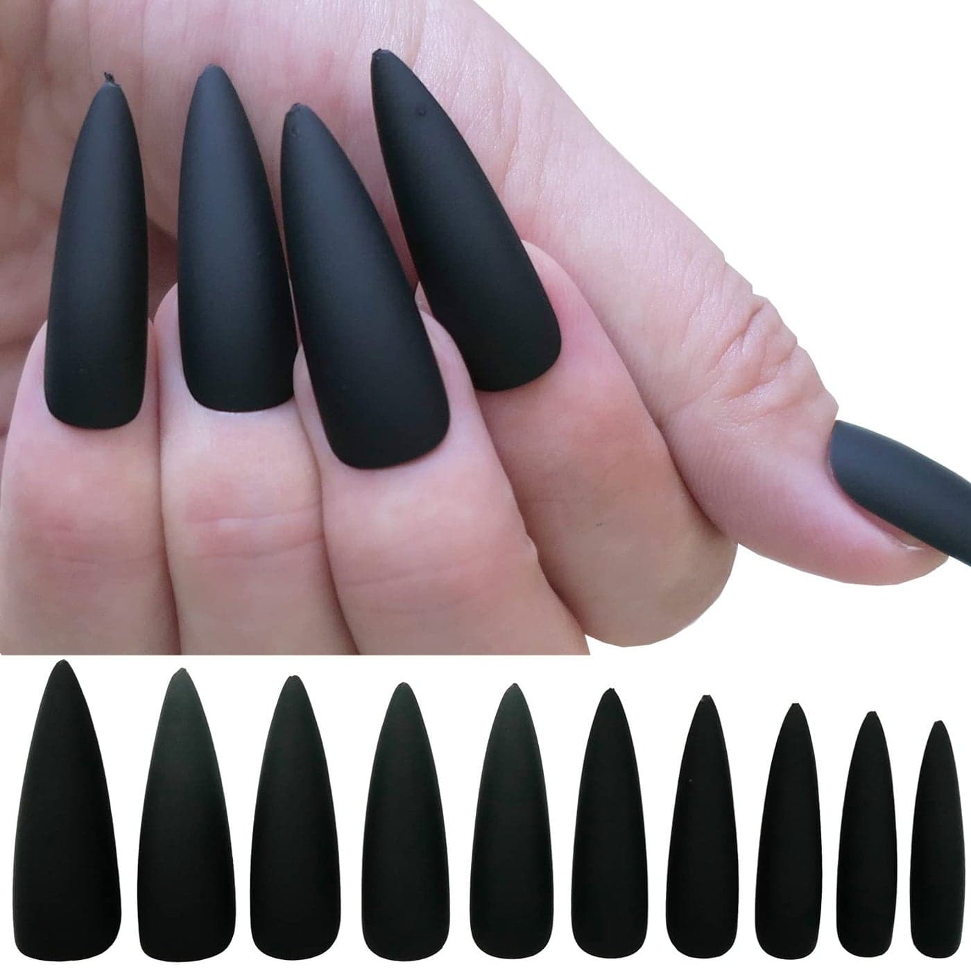 LoveOurHome 100pc Stiletto Press on Nails Long Matte Artificial False Nails Full Cover Acrylic Nail Tips Halloween Manicure Design Decor for Women Girls Salon Home DIY Black