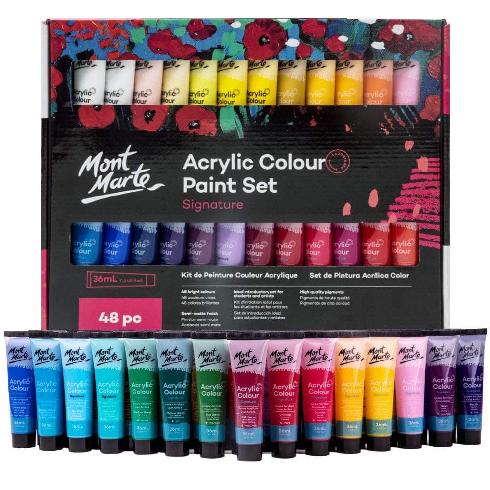 Mont Marte Acrylic Paint Set 48 Colors 36ml, Suitable for Canvas, Wood, MDF, Leather, Air-Dried Clay, Plaster, Cardboard, Paper and Crafts, Multicolour