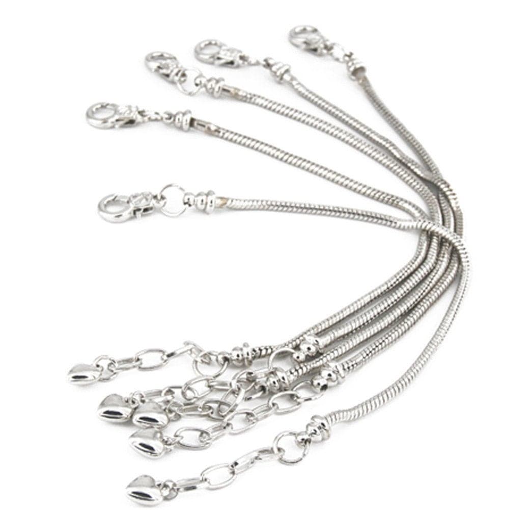 Yeshan 5pcs Women Silver Plated Snake Chain Charm Bracelet Starter with Classic Bead Lobster Clasp Fits All Chamilia Troll Biagi Beads,6.7inch