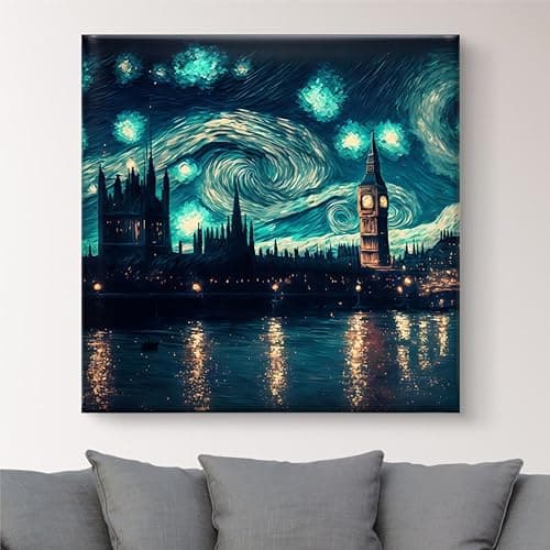 Livin'luxe London Skyline Canvas Wall Art, Starry Night Style, Big Ben Parliament Scene, Modern Home Decor 16 Inch x 16 Inch CVS-38087