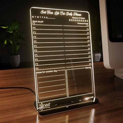3 Lines Glowrite Illuminate Your Ideas! Acrylic LED Writing Board with USB Stand | Ideal for Home & Office | Unique Gift | Made in India | with 2 Markers | Sort Your Life Out Daily Planner |Regular