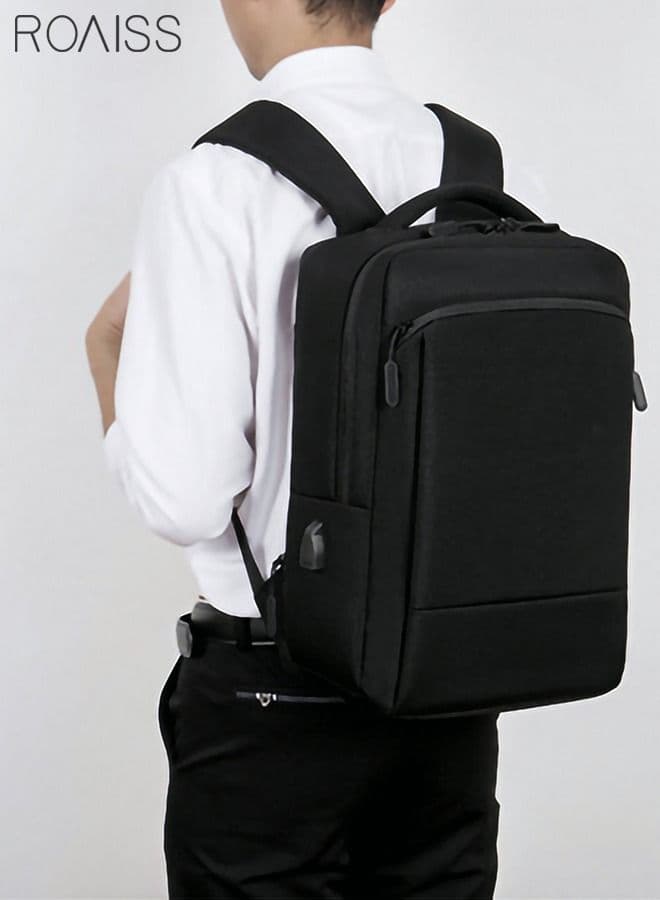 Scalable Large Capacity Backpack, Casual Breathable Waterproof Oxford School Bag with USB Port for Men, Work Travel Flight Business 15.6" Laptop, Pure Black