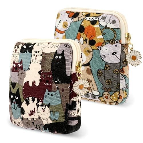 Amabro Sanitary Napkin Storage Bag, 2PCS Period Bags Cute Sanitary Pad Storage Pouch Tampon Pantyliners Menstrual Purse Daisy Zipper for Women Teen Girls School Travel Feminine Product(Cat)