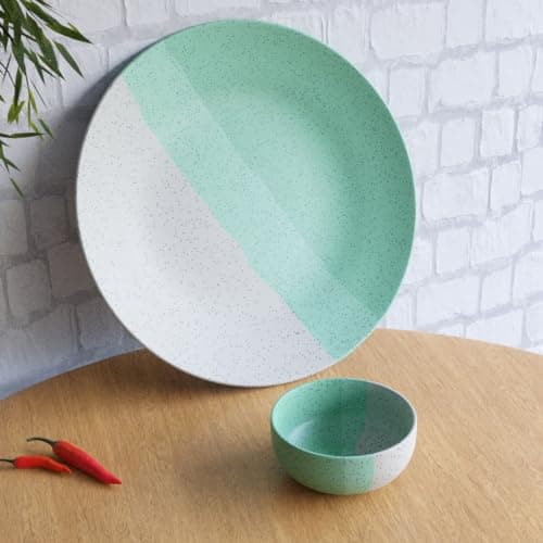 The Earth Store Handcrafted Tritone Green Matte 2 Piece Ceramic Dinner Set, 1 Full Dinner Plate, 1 Vegetable Bowls, | Microwave & Dishwasher Safe | Ceramic Plate | Katori