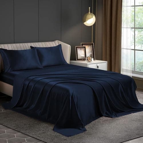 Homestan Satin Bedsheet for King Size Bed with 2 Pillow Covers, Modern Bed Sheet for Romantic Nights (100x108 inches, Navy)