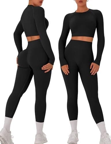 OLCHEE Womens Workout Sets 2 Piece Seamless Long Sleeve Crew Neck Crop Top Shirts Scrunch Butt Leggings Gym Yoga Outfits - Black Medium