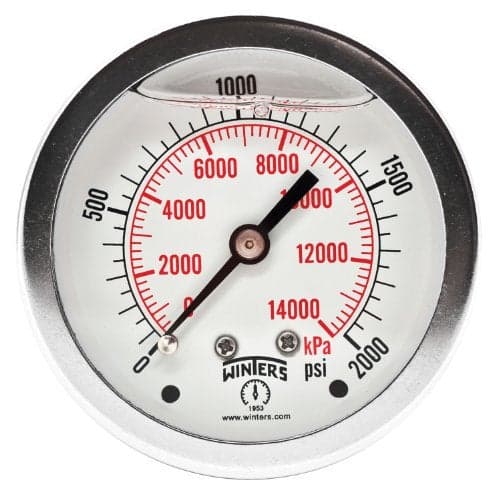 Winters 2-1/2" Dial Size, Liquid Filled Industrial Pressure Gauge, Brass Internals, Stainless Steel Case, Dual Scale 0-2,000 psi/kPa, 1.5% Acc, 1/4" NPT Back Mount, Glycerin Filled Pressure Gauge