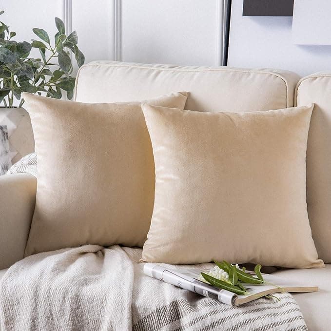 Knotting Home Pack of 2 Velvet Decorative Throw Pillow Covers Soft Solid Square Cushion Cover Pillow Decor, Beige, 14 X 14 inches 35 x 35 cm