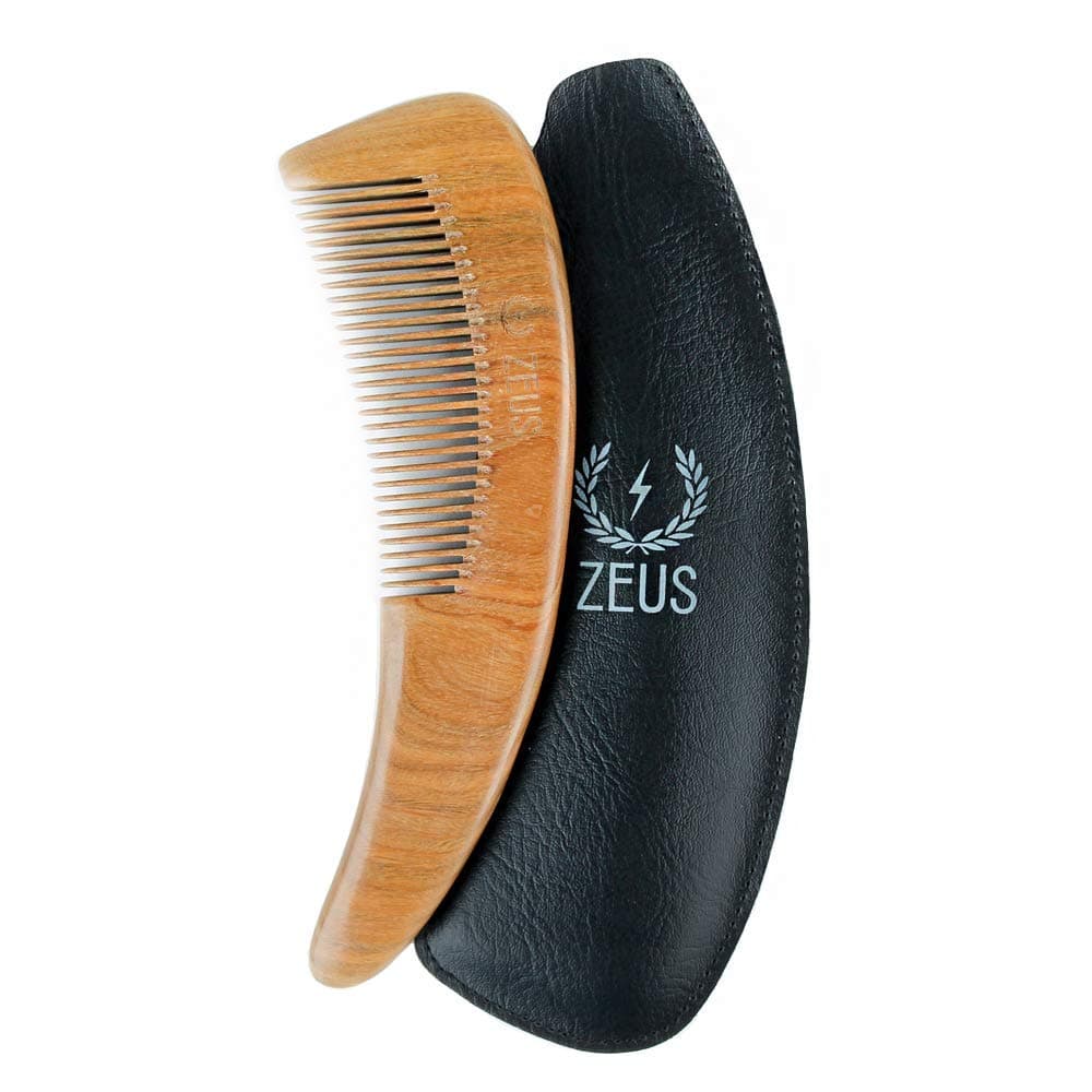 ZEUS Sandalwood Boomerang Beard Comb with Sheath Large Curved Wooden Beard Hair Comb in Gift Box M31