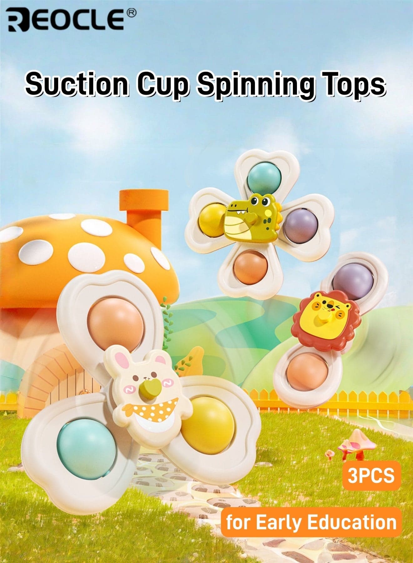 Baby's Cartoon Animal Suction Cup Spinning Tops Dinosaur Rabbit and Lion Design Early Educational Learning Machine Durable Plastic Material Perfect Sensory Gift for Youngsters
