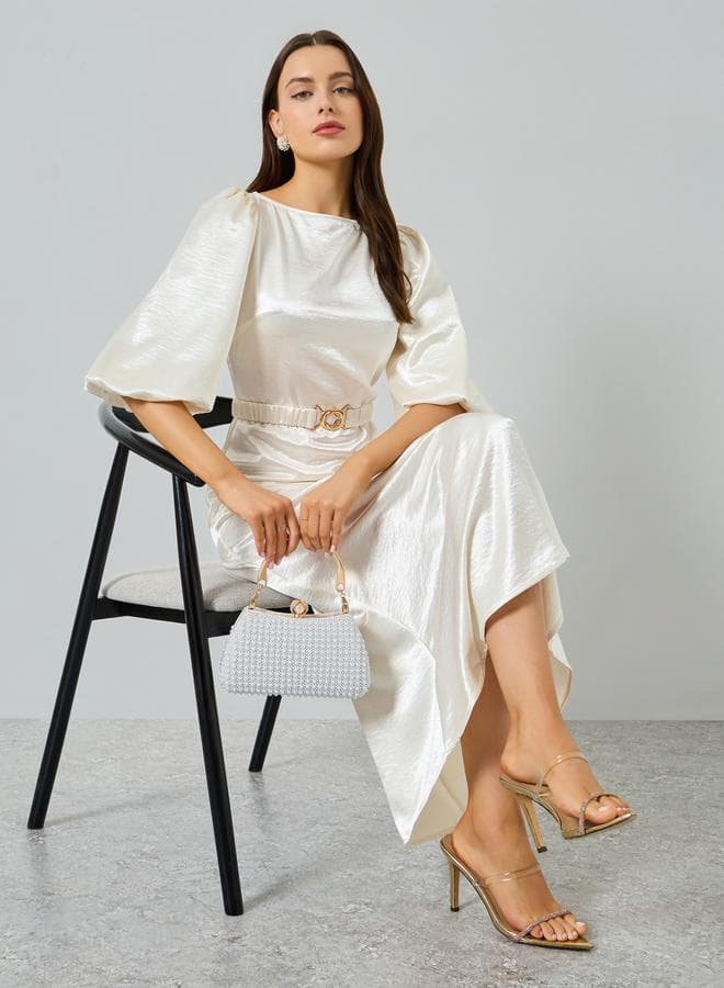 Beige Boat Neck Belted Balloon Sleeve Maxi Dress