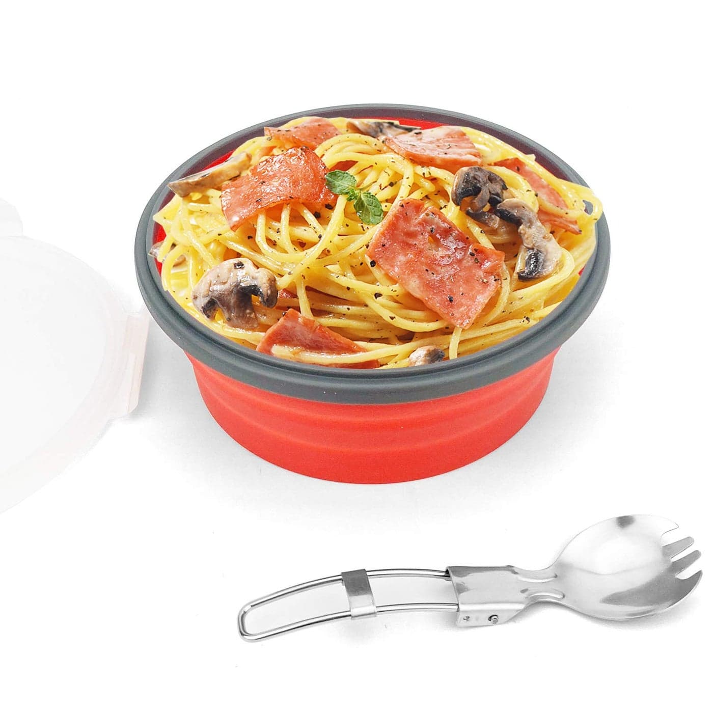CCyanzi 1200ml Collapsible Camping Bowl Silicone Food Storage Container with Lid and Foldable Stainless Steel Fork Spoon for Picnic Travel Camping RV Fridge and Microwave BowlsRound Red