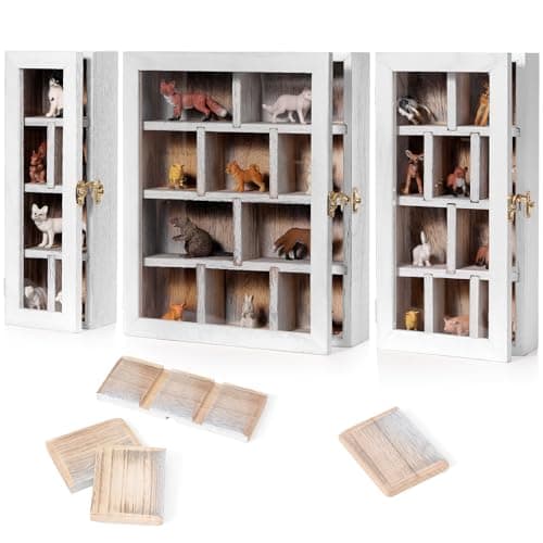 DoubleFill Set of 3 Wooden Trinket Display Shelf Shadow Box with Shelves 10 x 15 Inch Large Wall Mounted Display Storage Mini Figures Curio Trinket Medals Crafts Collections(Antique White,Box Shape)