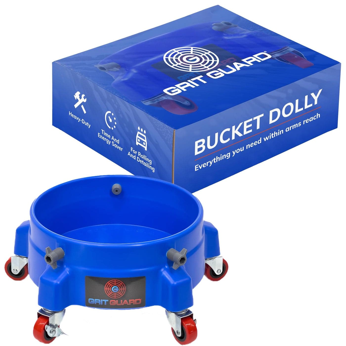 GRIT GUARD Bucket Dolly with Wheels Rolling Detailing Wash Bucket with 5 Wheels and 2 Locking Casters Compatible with 25 4 5 and 6 Gallon Buckets Blue 2 Red Casters