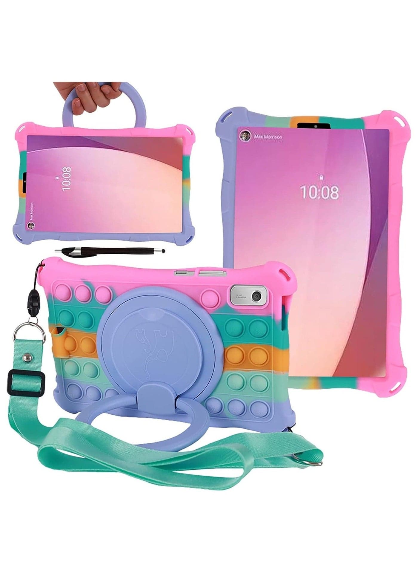 Silicone Case Compatible with 9 Lenovo Tab M9 2023, with 【360 Rotating Stand】 【Shoulder Strap】 【Stylus】【Pencil Holder】 Silicone Case for for 9.0 Lenovo Tab M9 (TB-310FU), Colorful 1