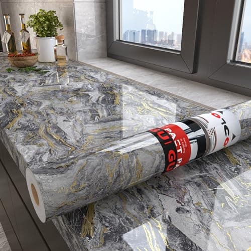 Decotalk Grey Gold Marble Contact Paper Peel and Stick 17.7"x200" Marble Countertop Contact Paper Waterproof Grey Granite Contact Paper Marble Wallpaper Removable Glossy Marble Contact Paper for Table