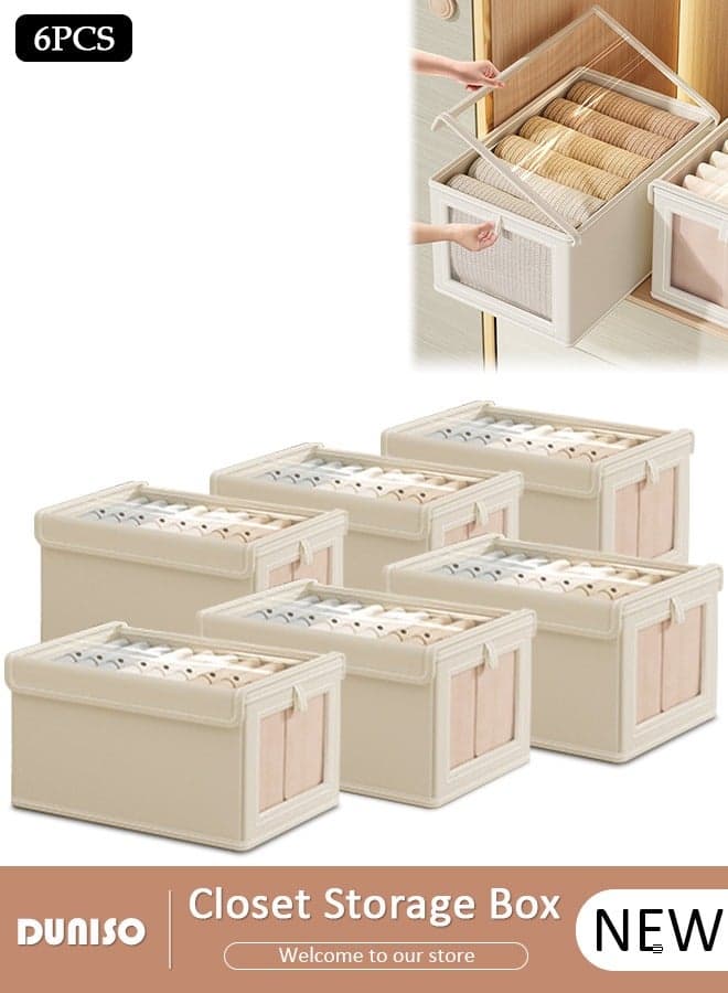 6 Pieces Foldable Closet Storage Organizer with Clear Lid and Window, Washable Closet Storage Boxes with Carrying Handles , Stackable Wardrobe Clothes Organizer,Cube Storage Bin for Clothes Wardrobe Home Bedroom Office
