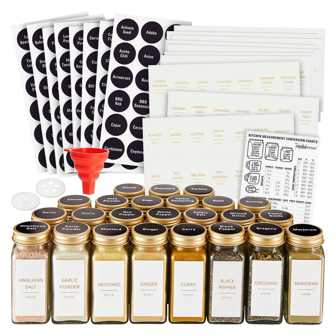Talented Kitchen 24 Pack Glass Spice Jars with 284 Preprinted Label Stickers in 2 Styles, 4 oz Empty Square Seasoning Jars with Shaker Lids & Gold Metal Caps