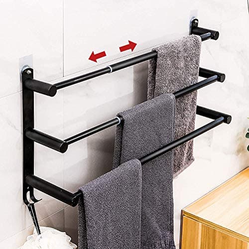 CAXIMSY Black Adjustable Towel Bar for Bathroom Wall Mount17-30.7inch Adhesive Shower Towel Rack Stainless Steel Bath Towel Holders for Toilet Kitchen Double Towel Hanger (Black 3 Bar)