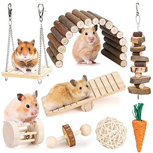 Hamster Chew Toys Set Small Animal Molar Toys Teeth Care Wooden Accessories for Guinea PigsChinchillasGerbilsMiceRatsMouse Rodents Toy Swing Seesaw Bridge Wood