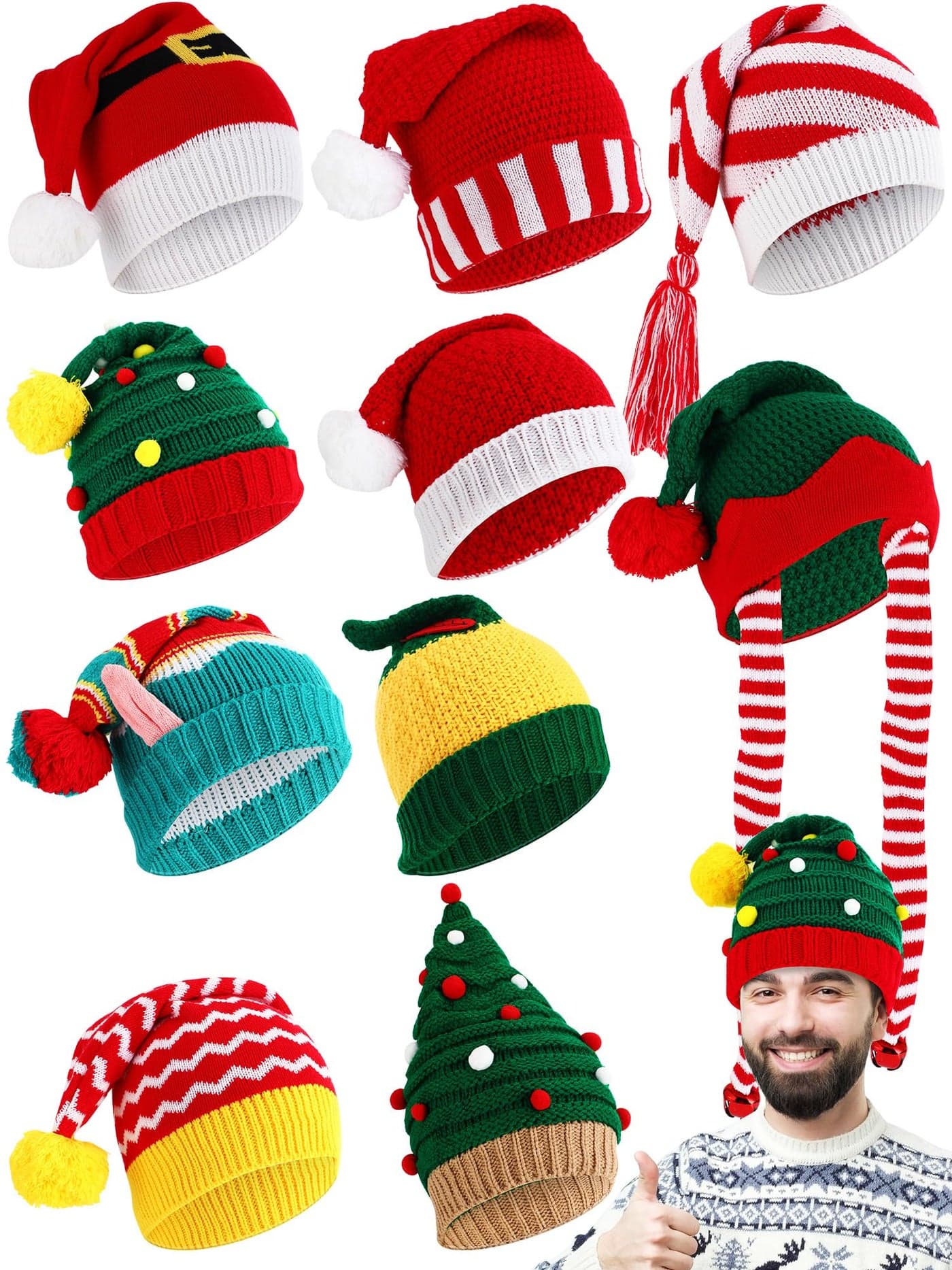 Liitrsh 10 Pcs Unisex Santa Hats Knitted Xmas Pom Pom Elf Hats for Women Men Winter Party New Year Holiday Favors