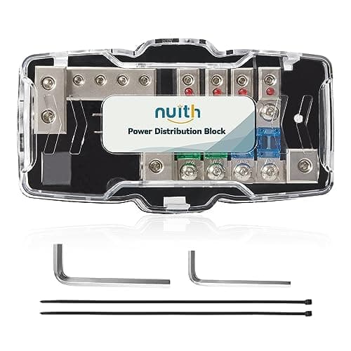 NuIth Car Audio Power Distribution Block 0/4 Gauge Input 4/8 Gauge Output, 4 Way Mini ANL Fuse Block 12V with Ground, 2 Way in 4 Way Out Fused Distribution Block with Red LED Indicator