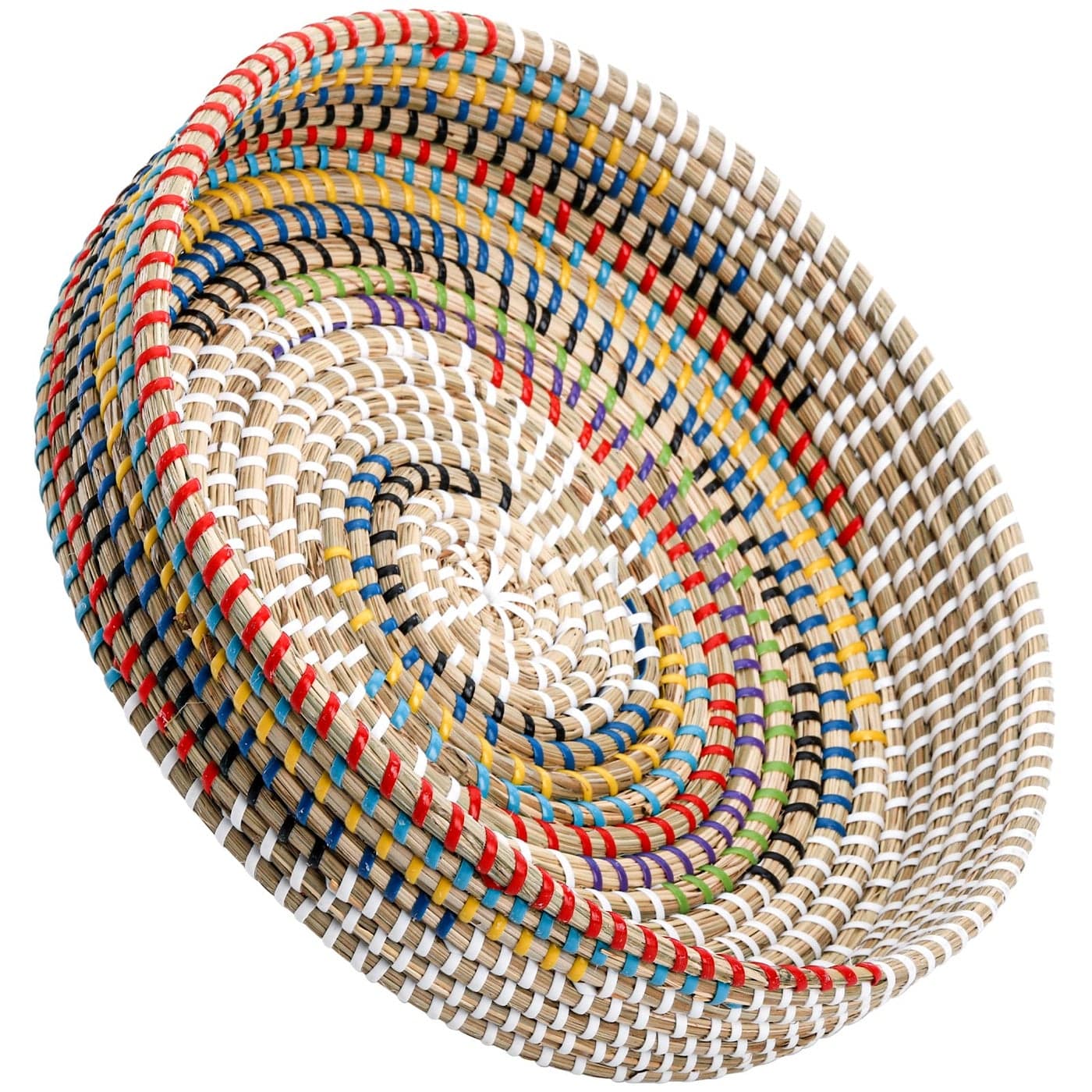 SOUJOY 12 Woven Seagrass Serving Tray Rattan Serving Tray Handmade Round Ottoman Fruit Tray Colorful Coffee Table Decorative Tray for Bread Tea Breakfast Coffee Drinks Snack Wall Decor